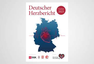 Titelgrafik des Deutschen Herzberichts 2025 mit Deutschlandkarte, Herzsymbol und roter EKG-Linie.