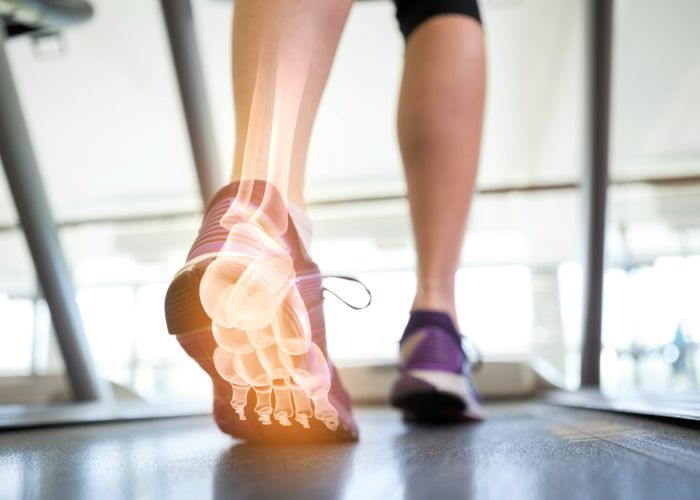 Laufbandtraining mit hervorgehobenen Fußknochen, Symbolbild für orthopädische Belastung und Sprunggelenktherapie